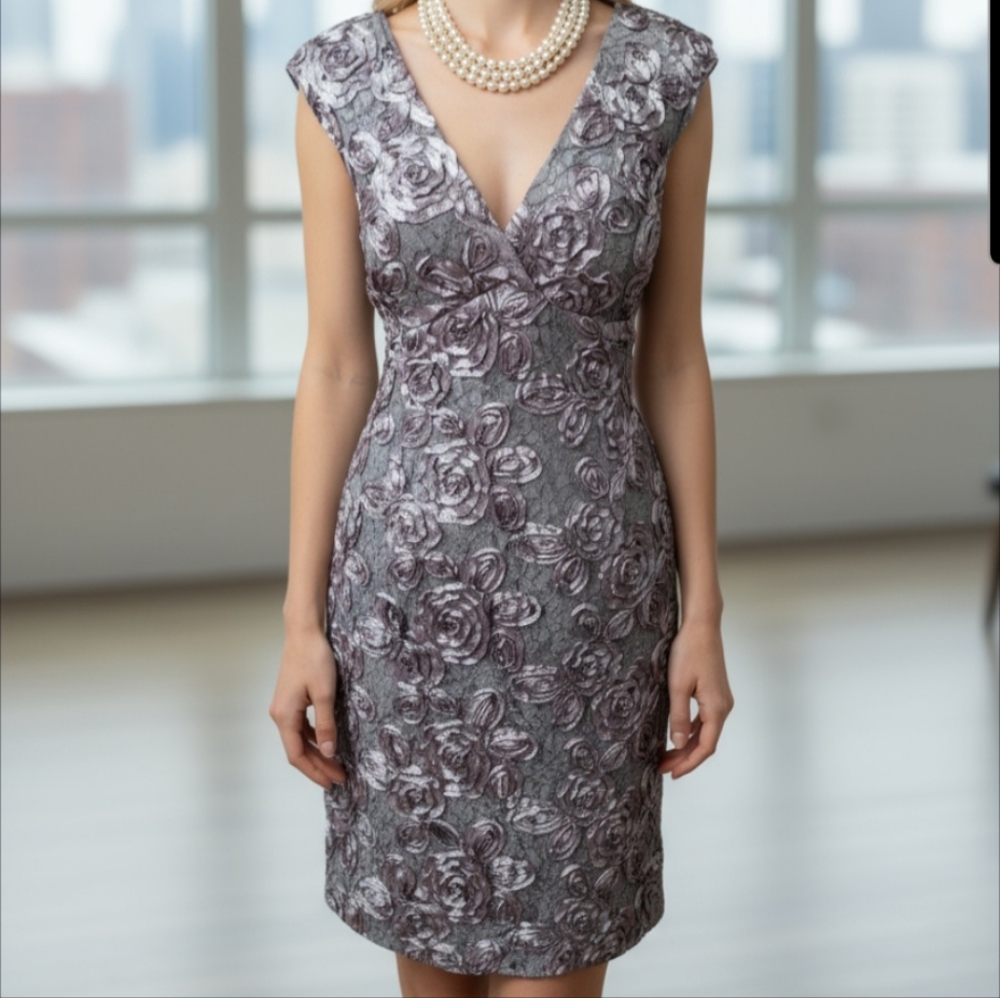 Marina Gown Dress Womens 14 Gray Lace Sequin Ribbon Flower Detail Wrap V Neck